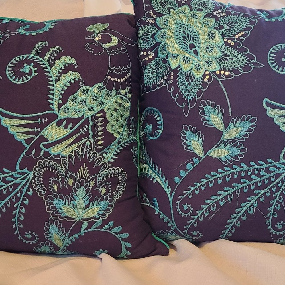 PEACOCK PILLOWS:  Set of Two (2) Decorative Boho/Chabby Chic Toss Pillows